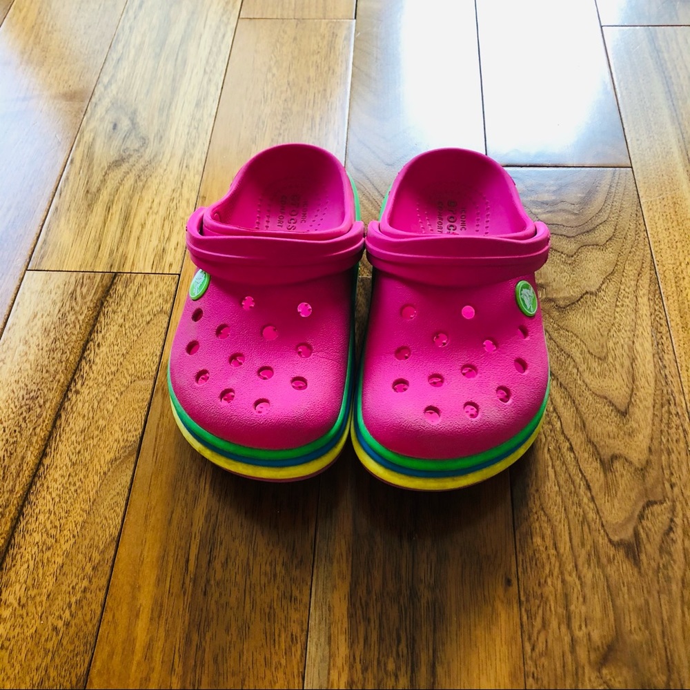 CROCS Kids Pink Green Yellow Layered Clog Sandals